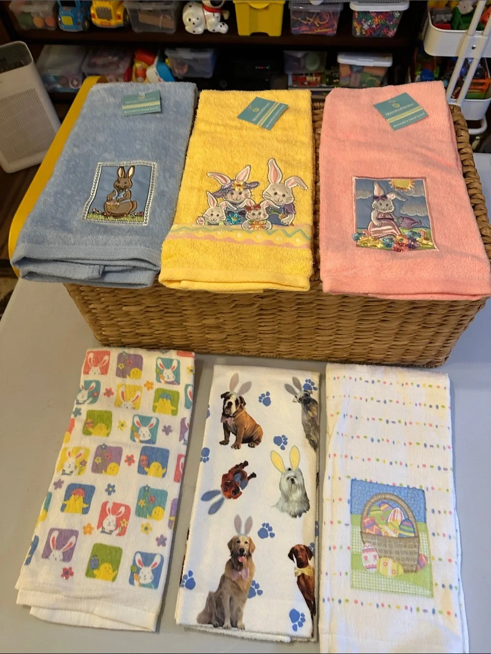 Easter Bunny Embroidered Kitchen Towels - Pastel Blue, Yellow, Pink - Unbranded